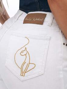 BABYPHAT Plus Size Capri Denim Jeans With Gold Cat Embroidery And Contrast Stitching Cuffed Hem - White - View 3