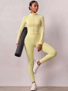 Zivah Women's Sportswear Set Zipper Long Sleeve Jacket & Long Pant With Pockets Gym Workout Activewear Outfit For Autumn Winter - Yellow - View 9