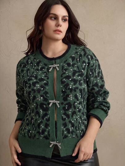 Anewsta Plus Size Women's Vintage Leopard Print Rhinestone Bow Decor Knitted Cardigan