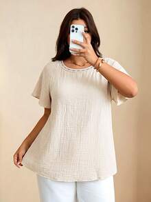Edennvi Blusa de Crepé Texturizado con Cuello Redondo, Patchwork de Encaje y Mangas con Volantes, Talla Grande - Albaricoque - Ver 5