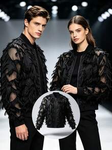 Manfinity Homme Men's Tassel Design Long Sleeve Zip-Up Baseball Jacket - Black - View 3