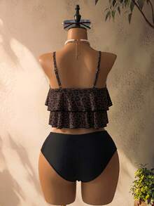 Swim Lushoire 女款豹紋不對稱下擺細肩帶上衣與三角比基尼泳褲泳裝套裝 - 彩色 - 查看 5