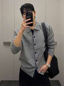 DAZY Spring/Autumn Gray Mixed Fabric Lapel Placket Black Contrast Color Men's Cardigan - Grey - View 6