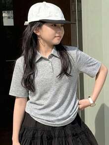 Dazy Kids Tween Girl Solid Color Polo Collar Short Sleeve Casual T-Shirt Summer - Grey - View 4