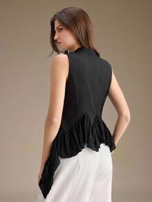 Ontre 2026 New All Season Minimalist Fashion Elegant Commute Casual Sleeveless V-Neck Cinched Waist Ruffle Trim Patchwork Button Blazer Jacket Versatile Slimming Heightening Elegant Daily Wear Commute Wear Office Wear Date Wear Fashion Wear Streetwear - Black - View 4