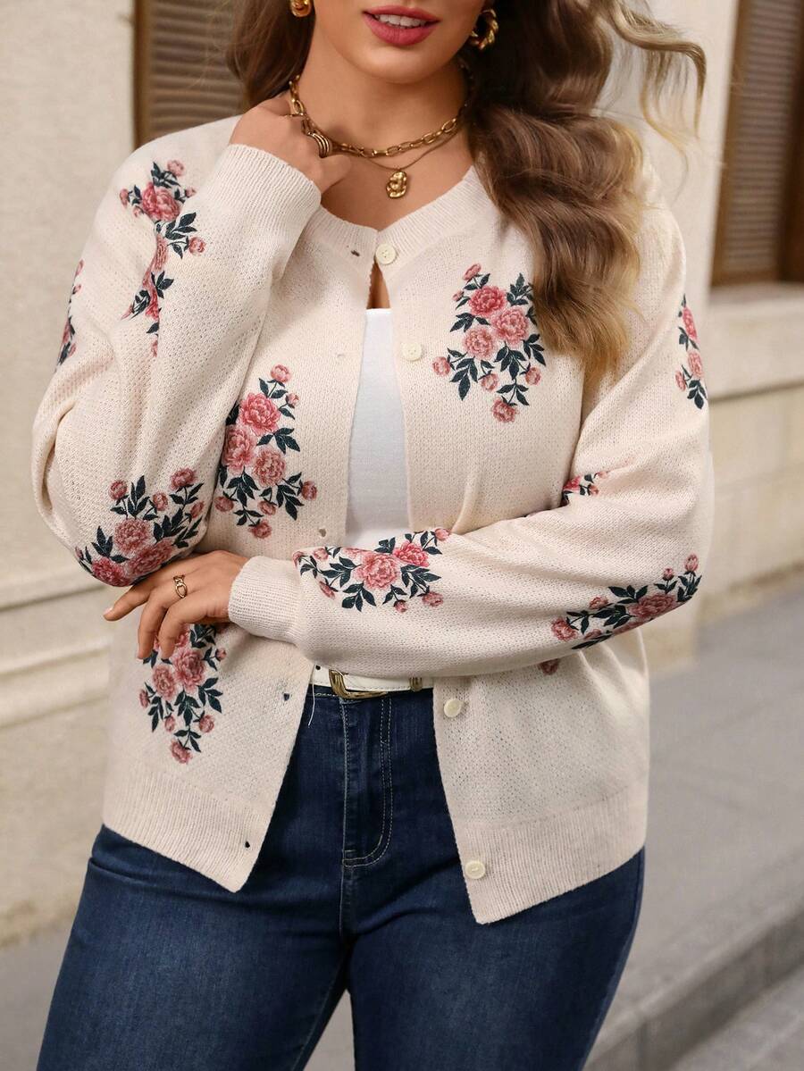 EMERY ROSE 大尺碼女款秋冬休閒優雅花卉印花薄針織開襟衫,百搭輕便外套,適合婚禮賓客、約會,米色秋季外套 - 杏色 - 查看 1