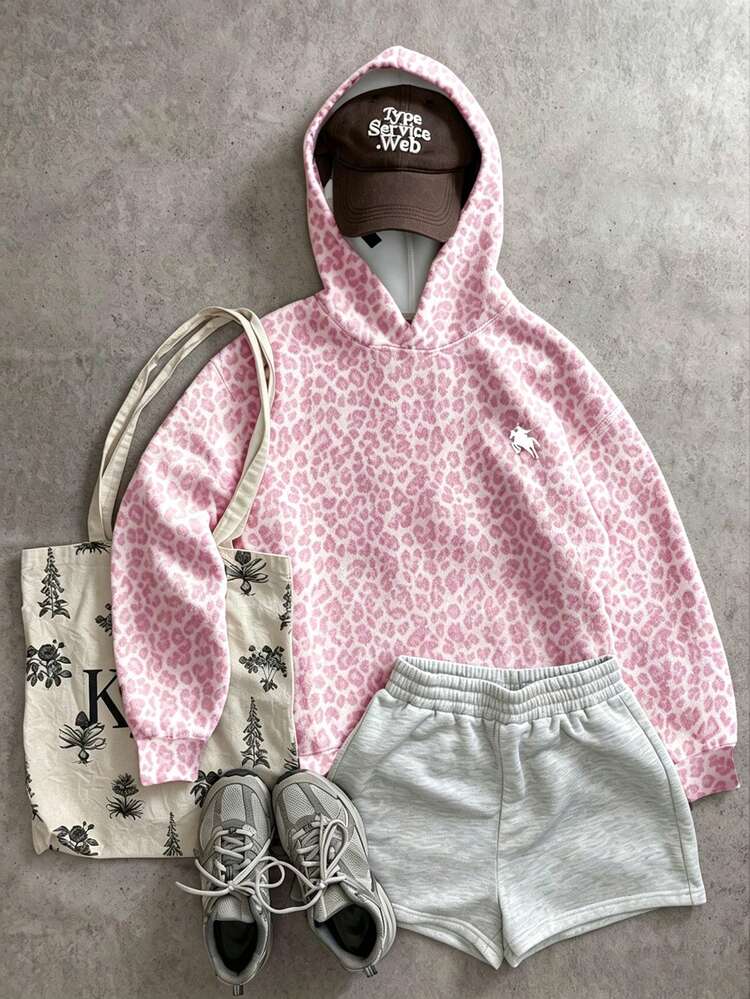 Vintage Sweet Preppy Leopard Print Knight Horse Graphic, Tween Girl Casual Long Sleeve Hooded Sweatshirt Suitable For Autumn/Winter Outdoor Picnic, Outing, Street Style, Campus, Chill Chill, Back To School, Y2K, Korean, Easy - White - View 3