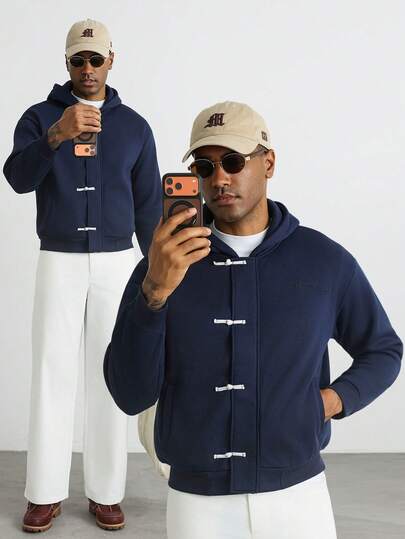 HUEFORM Men's Casual Navy Blue Cropped Style Zip-Up Hoodies,Chinese-Style Frog Button Design, Embroidered Detailing On The Chest,Suitable For A Stylish Look