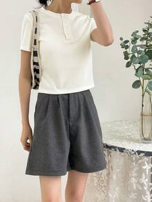 DAZY Camiseta de punto acanalado con botones delanteros, ropa fina de verano - Blanco - Ver 7