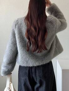 FRIFUL Women's Autumn Grey Short Versatile Faux Fur Jacket - Grey - View 5