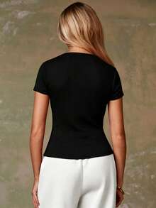 Athîral Women's Casual Single-Breasted Short Sleeve Knit Top - Black - View 2