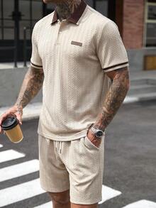 Manfinity CasualCool 男士條紋短袖 Polo 衫與短褲休閒套裝 - 卡其色 - 查看 1