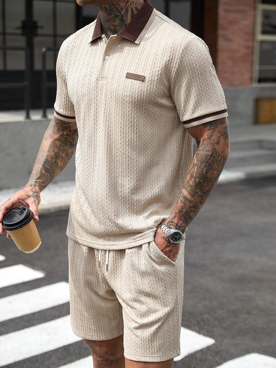 Manfinity CasualCool 男士條紋短袖 Polo 衫與短褲休閒套裝 - 卡其色 - 查看 1