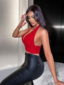 SHEIN SXY Plus Size Red Criss-Cross Backless Knit Halter Top Sexy Going Out Club Night Summer - Red - View 5
