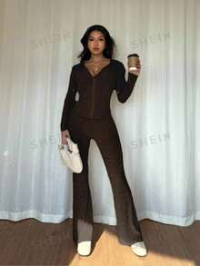 SHEIN PETITE 2pcs/Set Women Casual Hooded Sweatshirt With Pockets & Ribbed Flare Pants, Versatile Autumn/Winter Outfit ,Petite Women - Chocolate Brown - View 6