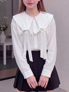 SHEIN 兒童青少年女孩秋冬休閒校園風大廓形翻領3D蝴蝶結寬鬆長袖白色襯衫，返校季、高中舞會、派對、開學日，女童白色襯衫女式白色上衣 - 白色 - 查看 2