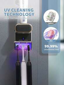 UV Toothbrush Sanitizer & Sensor Toothpaste Dispenser, USB Rechargeable Wall Holder With 3 Slots, Drill-Free For Family Bathrooms. It Works As Bathroom Decor & Seasonal Decor For Autumn And Back-To-School. - Multicolor - View 3