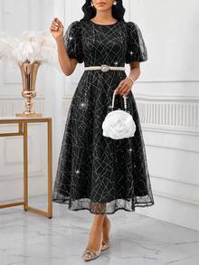 SHEIN Lady 女款優雅派對亮片網紗洋裝 - 黑色 - 查看 4