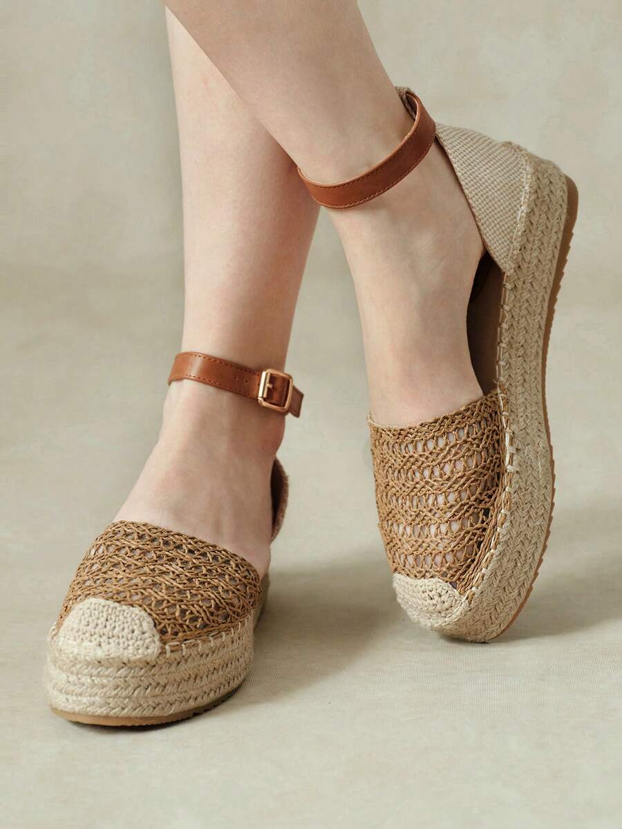 Styleloop Women's Camel Holiday Style Hollow Braided Strap Hemp Rope Platform Shoes - Camel - View 1