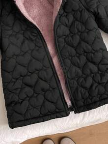 SHEIN Baby Girl Autumn/Winter Cute Black Heart Pattern Thermal Lined Hooded Jacket And Pants Set - Black - View 4