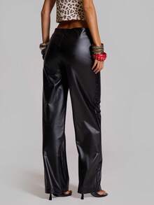 MUSERA Black PU Low Rise Flared Trouser Summer Autumn Going Out Festival Cool Girl Furiosa - Black - View 4