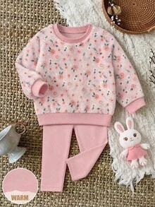 SHEIN 2件組女嬰蓬鬆碎花衛衣與鬆緊腰長褲秋季套裝 - 粉色 - 查看 11