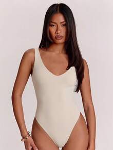 SHEIN BAE Women's Solid Color Minimalist Versatile Bodysuit For Daily Commute - Apricot - View 5
