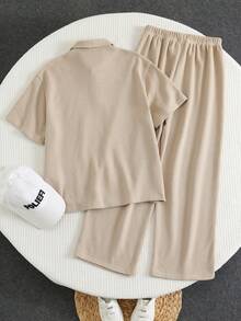 2pcs Tween Boys Loose Casual Turndown Collar Short Sleeve Polo Shirt And Pants Set Suitable For Summer Suitable For Daily Use Suitable For School Suitable For Travel Suitable For Sports Suitable For Spring And Summer Outfits Textured Fabrics - Khaki - View 4