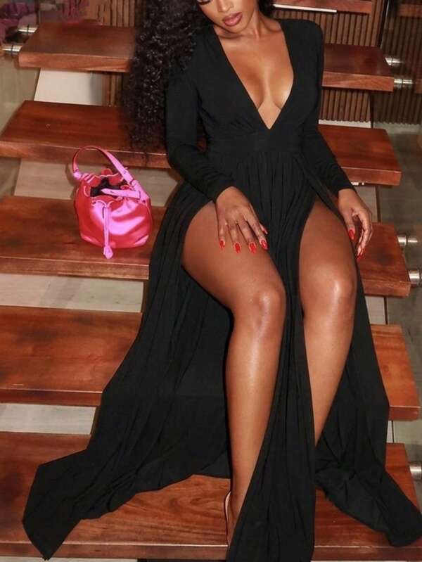 SHEIN SXY Prom Dress;Plunging Neck High Split Dress