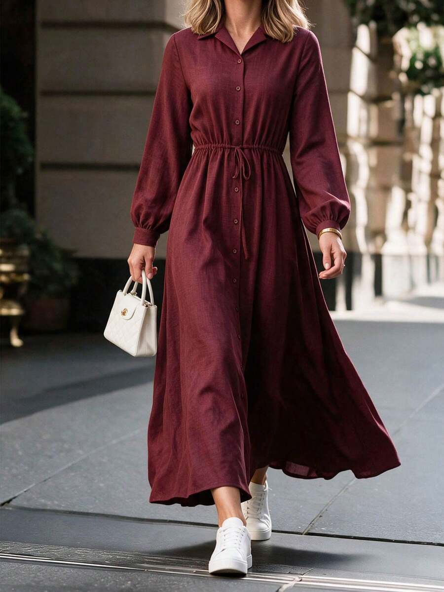 Louniche Gaun Wanita Elegan Lengan Panjang dengan Kerah Kemeja Bertali Depan Warna Merah Marun - Merah - View 1