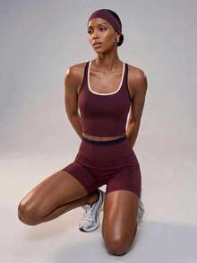 Zivah Women's Cropped Top And High Waist Shorts Set - Colorblock Casual Sports Outfit For Fitness Workout Year Round - Burgundy - View 6