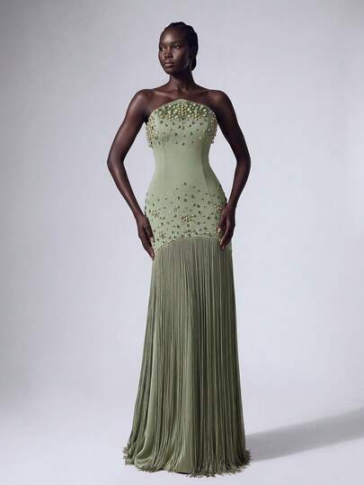 Elitara Elegant Romantic Fashion Sexy Green Satin Cup Heavy Rhinestone A-Line Tassel Decor Elegant Party Dress Wedding Guest Dress Bachelorette Party Dress Bridesmaid Dress Formal Evening Gown