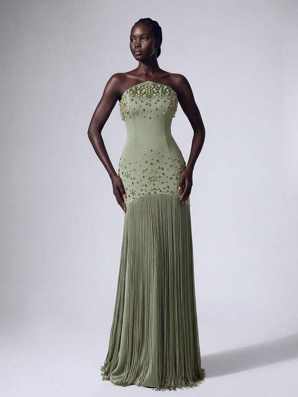 Elitara Elegant Romantic Fashion Sexy Green Satin Cup Heavy Rhinestone A-Line Tassel Decor Elegant Party Dress Wedding Guest Dress Bachelorette Party Dress Bridesmaid Dress Formal Evening Gown
