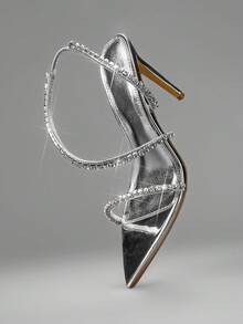 SHUZIA Women's Metallic PU Sexy Point Toe Rhinestone Back Strap Stiletto Heel Sandals - Silver - View 7