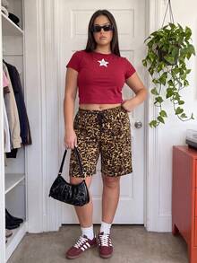 Comfortcana 春夏新款休閒大尺碼5吋短褲，粉色豹紋運動衫布料，鬆緊腰帶附抽繩，適合外出、日常穿著、派對、音樂節、返校、畢業、度假、高街、逛店、城市漫步，多場合穿搭，可作為外套或內搭穿著 - 棕色 - 查看 6