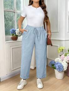 EMERY ROSE Plus Size Women's Cotton Solid Color Waist Tie Pocket Casual Tapered Pants Fall - Baby Blue - View 7