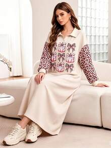 Modelyn 女款萬聖節主題拼色豹紋拼接長袖粉色蝴蝶結南瓜印花杏色長版衛衣洋裝，秋冬時尚 Polo 領洋裝，適合日常休閒外出與派對穿著 - 彩色 - 查看 6