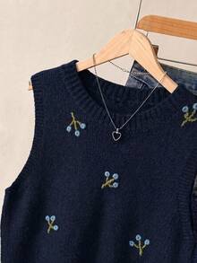 Modelyn Chaleco de punto con cuello redondo bordado de unicolor para mujer - Azul Marino - Ver 4