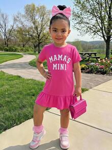 SHEIN Gaun Kasual Rajut Warna Polos Motif Huruf Leher Bulat untuk Anak Perempuan - Hot Pink - View 2