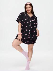 Bonmuse Heart Print Plus Size Women Bubble Crinkle Short Sleeve Shorts Pajama Set - Black - View 1