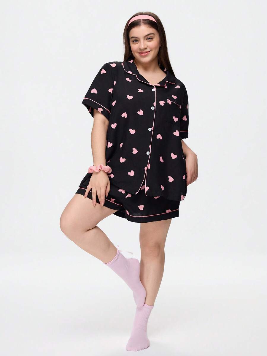 Bonmuse Heart Print Plus Size Women Bubble Crinkle Short Sleeve Shorts Pajama Set - Black - View 1