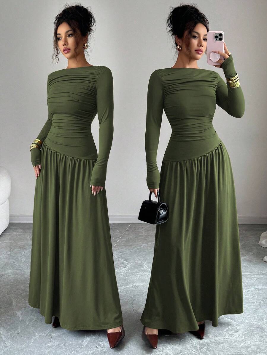 Elenzga Women's Milk Silk Double Brushed Knit Elastic Square Neck Ruched Front Waist-Down Asymmetrical Hem A-Line Loose Hem Long Sleeve Long Dress, Maillard Style, Fitted, Can Be Layered, Exquisite Elegant French Romantic Girl Office Commute Street Style Street Photography Australian Minimalist Versatile Old Money Style Women's Style Thanksgiving Back To School Afternoon Tea Party Spring Autumn Winter - Army Green - View 1