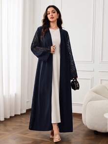 Yasmyna Women's Contrast Mesh Long Sleeve Loose Fit Abaya - Navy Blue - View 3