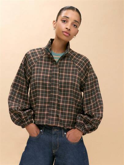 Nöista Chaqueta de cuello alto a cuadros, holgada y corta, estilo clásico retro escocés, casual y cálida, para ir al trabajo, versátil y práctica, otoño e invierno