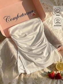 Comfortcana Top tubo de moda con fruncido de color liso para mujer, blanco, sexy, para brunch, club y salidas nocturnas de verano - Blanco - Ver 1
