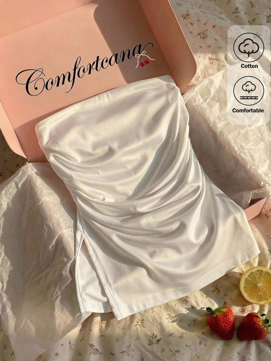 Comfortcana Top tubo de moda con fruncido de color liso para mujer, blanco, sexy, para brunch, club y salidas nocturnas de verano - Blanco - Ver 1