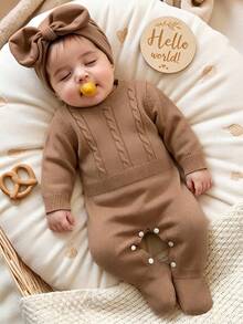 SHEIN رومبير كنزة للمواليد الجدد بتصميم عصري وجميل - كاكي - مشاهدة 3