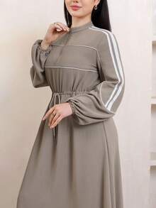 Veilorie Women's Colorblock Striped Drawstring Waist Long Dress - Khaki - View 1