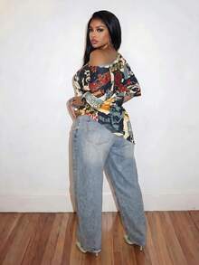 Slaydiva New Summer/Fall Plus Size Women's Asymmetrical Off Shoulder Top/Y2K/Streetwear/Back To School/Going Out/Club/Concert/Party/Chic/NIGHT/Retro Print - Multicolor - View 3