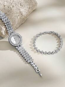 Opalesca 2pcs Or 1pc Bracelet Set, Elegant And  Luxury Women's Quartz Watch Set, Includes  Silver Diamond-Encrusted Quartz Watch And  Full Diamond  Bracelet. - Silver - View 1